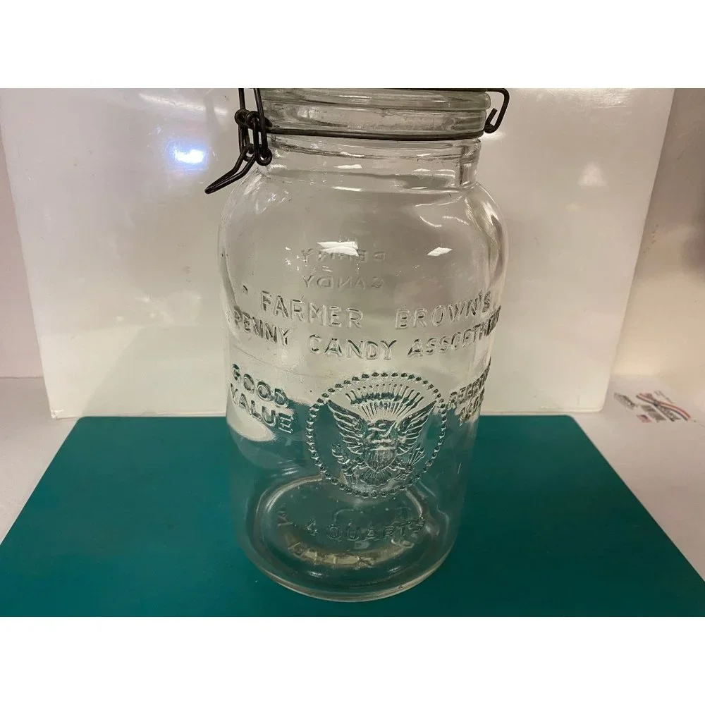 1966 Vintage Farmer Brown’s Penny Candy 4 Quart Mason Jar Wire Bale top/handle